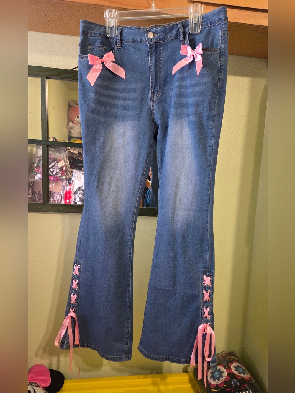 Shein Curve Blue Denim Flare Jeans with Pink Ribbon Accents - Picture 2 of 3